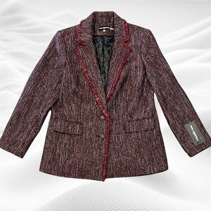 Karl Lagerfeld Paris NWT‎ Fringed Metallic Tweed Blazer Red Silver Black size 12